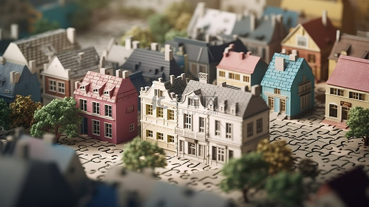 工作室制作的微型拼图块房屋的 3D 渲染非常适合卡片海报或网页横幅背景