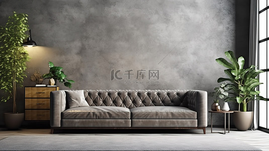 时髦的灰色沙发，采用时髦风格的室内 3D 渲染