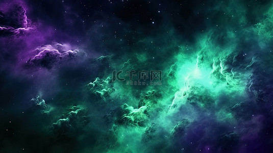 3D 渲染中的星光绿色和紫色星云抽象背景