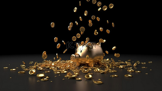 硬币在 3D 渲染中级联成一个金色的存钱罐