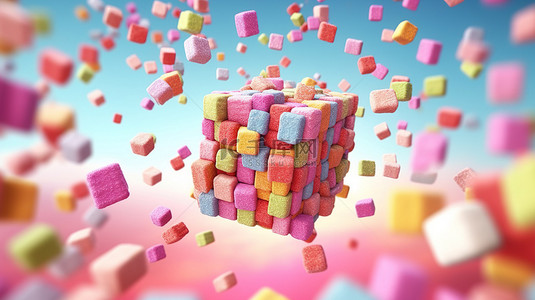 糖果方块背景图片_粉红色方块中彩色糖果与彩虹小径一起飞行的 3D 插图