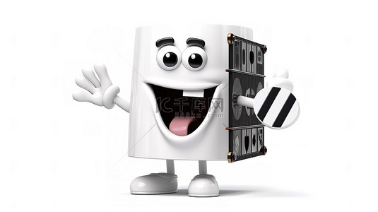 电影角色背景图片_角色吉祥物现代白色洗衣机的 3D 渲染，在白色背景上拿着电影拍板