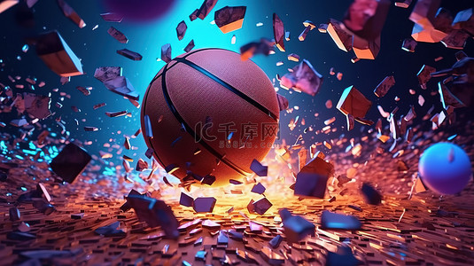 球碰撞背景图片_在充满活力的霓虹灯照明 3D 渲染中粉碎篮球