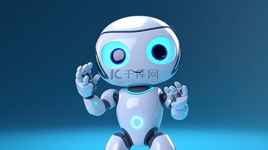 卡通人物机器人，具有可爱的 AI 设计，在 3D 渲染中用手指指着