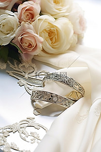 桌上放着玫瑰花束和银色结婚袖口，还有手帕
