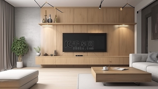 液晶屏幕背景图片_智能电视柜和装饰品增强了 3D 渲染客厅内部的现代外观