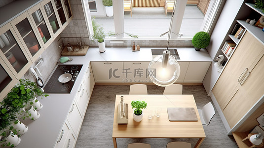 厨房白色背景图片_现代厨房设计从上方以正交视角进行 3D 渲染视图