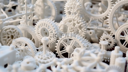 打印室背景图片_由白色塑料粉末制成的 3D 打印工业物体和模型