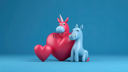 情人节的爱情象征红心和蓝色背景上可爱的独角兽的简约 3D 渲染