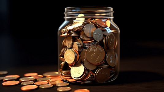 罐子里的金币背景图片_3D 渲染的罐子里装满了为未来储蓄的硬币