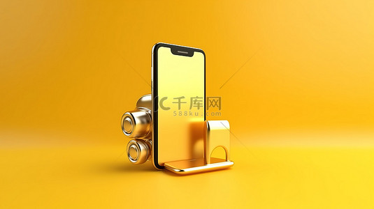 充满活力的黄色背景上的金色智能手机的 3D 模型，非常适合在线购物演示