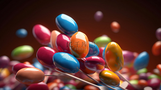 彩虹糖背景图片_充满活力的糖果豆棒棒糖与爆裂的巧克力豆 3D 插图