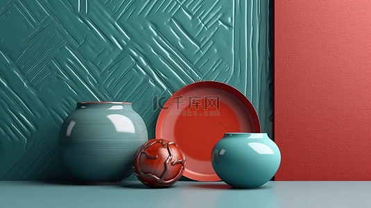 东方文化背景图片_绿松石和红色对比色概念与东方现代背景模型的 3D 渲染