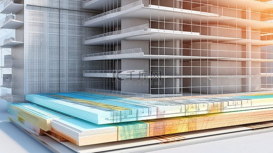房屋图表背景图片_建筑横截面 3d 渲染与绝缘层建筑细节和能源效率图表覆盖蓝图