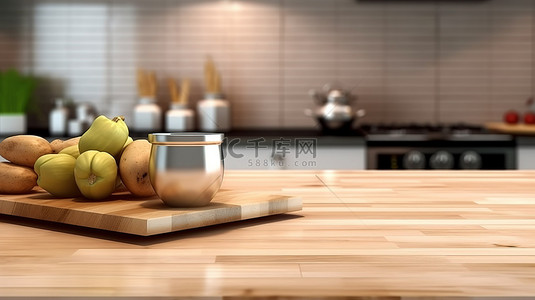 厨房柜背景背景图片_木质厨房柜台上拼贴的空白区域，背景为烹饪区 3D 模型