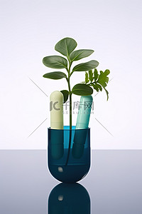 三个小药丸在一个杯子里，里面有一种植物