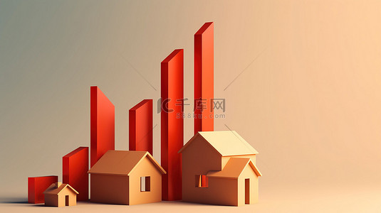 带有向上箭头的 3D 房屋横幅插图，表示房地产市场蓬勃发展