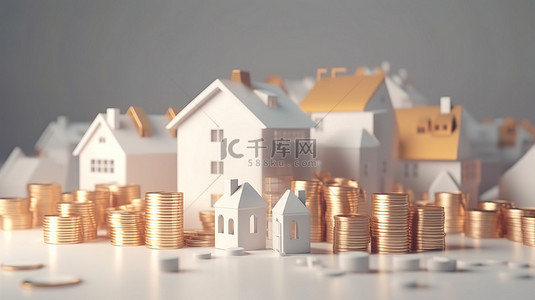 沙漠之行背景图片_概念 3D 渲染插图描绘了为购买房屋和房地产投资省钱