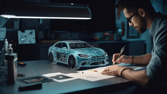 科技智能汽车背景图片_由熟练的专业人员在虚拟屏幕上设计的汽车 3D 原型设计