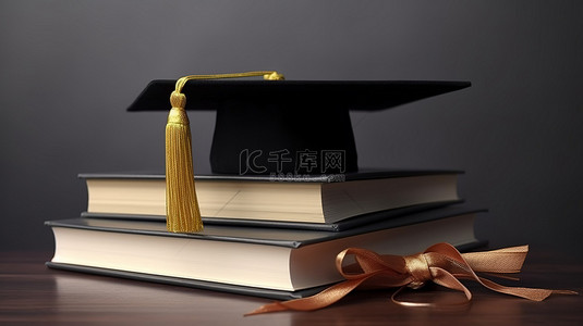 毕业邀请函背景图片_正式毕业典礼，配有简约背景文凭帽和 3D 书籍