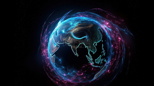 星球未来科技背景图片_3d 渲染中霓虹地球周围的宇宙漩涡