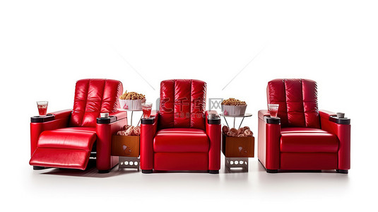 红色摄影背景图片_舒适的红色影院椅，配有爆米花和白色背景 3D 渲染上的 3D 眼镜