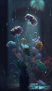 下雨水背景图片_雨点花束雨中的鲜花卡通背景