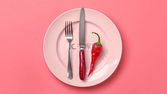 粉红色背景上带有红辣椒和餐具 3D 渲染的盘子的顶部视图