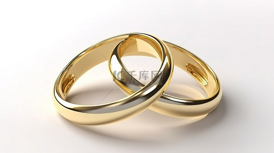 象征着幸福的家庭生活 白色背景上 3D 渲染的两个金戒指