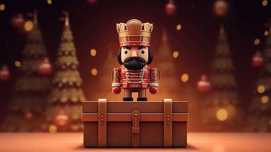 金色图形背景图片_大礼品盒内圣诞树和胡桃夹子的 3D 插图