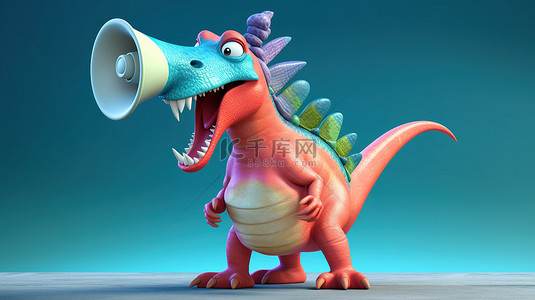 恐龙咆哮背景图片_3D 恐龙角色幽默地对着扩音器咆哮