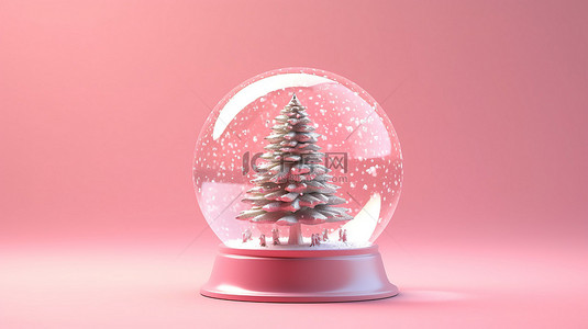 粉红色背景 3D 渲染包含圣诞树的水晶球