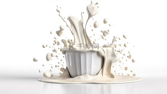 食物溅背景图片_孤立地在白色讲台上溅牛奶的 3D 渲染