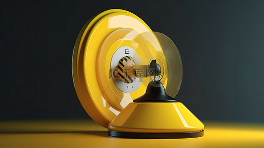 黄色盾牌图标设置有用于警报概念的 3D 渲染警告指示器