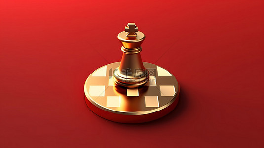 红色社交媒体背景图片_红色哑光金盘上的金色国际象棋徽章 3D 渲染的社交媒体图标