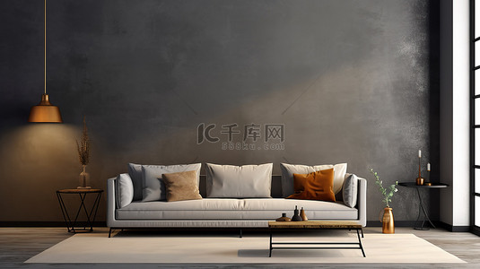 灰色搭配背景图片_现代客厅设计，配有沙发和餐具柜，搭配光滑的灰色墙壁 3D 可视化