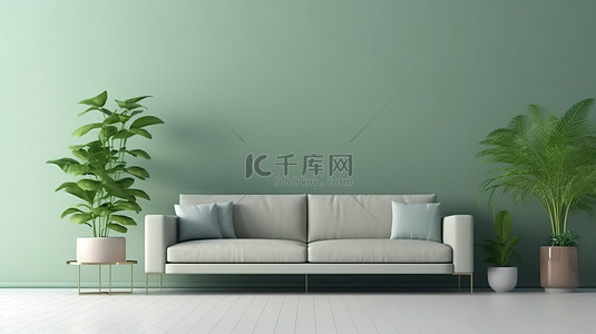 桌沙发茶几背景图片_时尚的客厅设计，配有沙发边桌绿墙和茂密的植物 3D 渲染