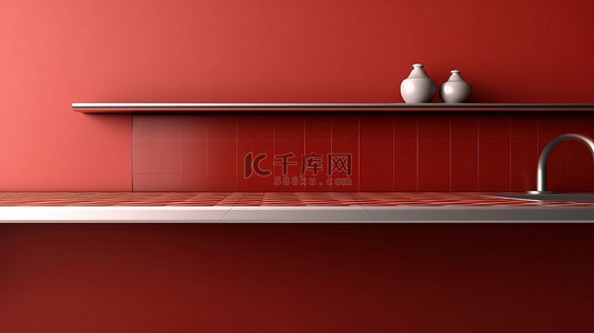 食物红色背景图片_棕色瓷砖墙厨房柜台的 3D 渲染，单色红色，带有空的特写视图
