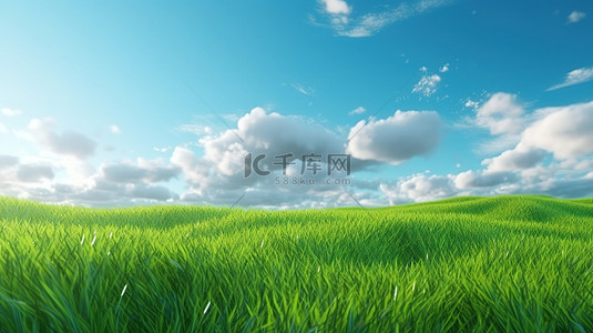日出草原背景图片_3D 自然奇迹，蓝天背景下郁郁葱葱的绿色田野