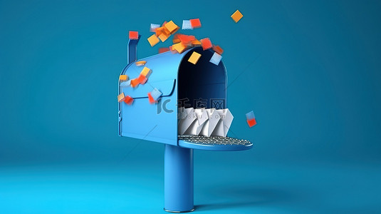 蓝色背景，带有开放式邮箱的 3D 插图，用于信件，具有充足的复印空间