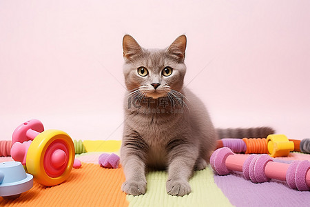 一只灰猫坐在粉色垫子上，上面放着彩色玩具