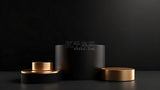 黑色金色简约背景图片_豪华金色简约背景，用于黑色圆柱讲台上的顶视图 3D 产品展示