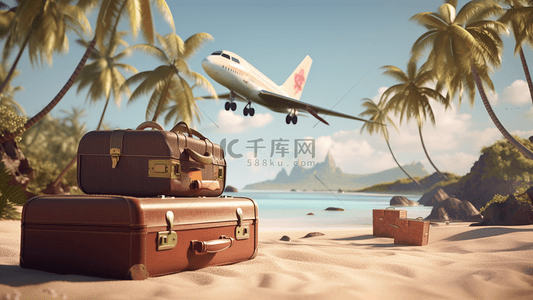 假期沙滩背景图片_椰子树沙滩旅行箱飞机旅游广告背景