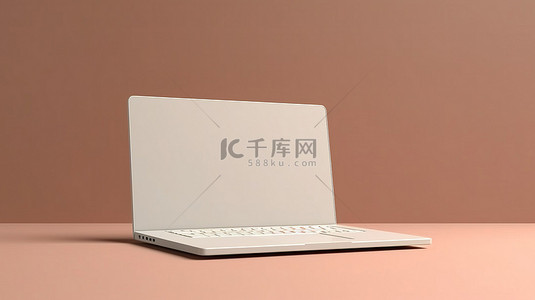 白色笔记本电脑样机模板，具有在演讲主题背景上打开的笔记本电脑的 3d 渲染