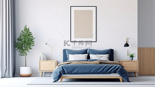 深蓝色和白色卧室内部床头柜上相框的 3D 插图，配有植物和枕头