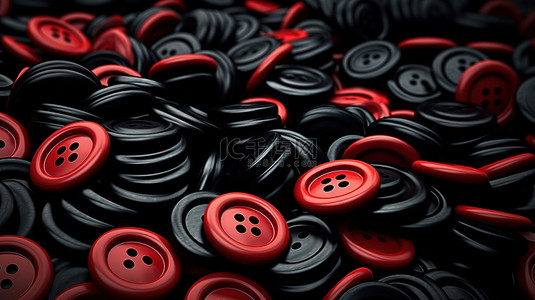 缝纫按钮的背景 黑色按钮的极端特写，带有 3D 呈现的红色流行