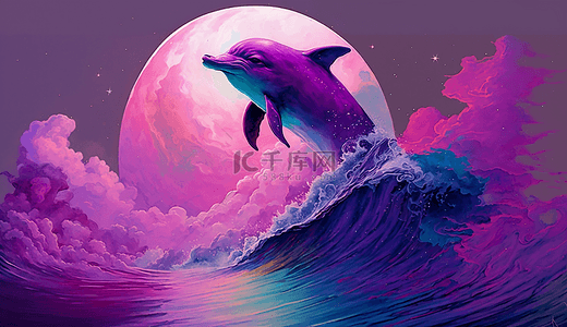 鲸鱼梦幻星空背景图片_月亮海豚梦幻紫色背景