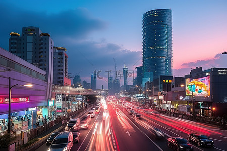 塔塔汽车背景图片_韩国城市高层塔，头顶有云和汽车