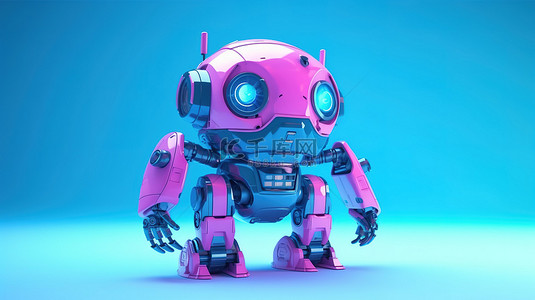 基础基础背景图片_粉色背景为双色调蓝色未来派卡通机器人玩具 3D 奠定了基础