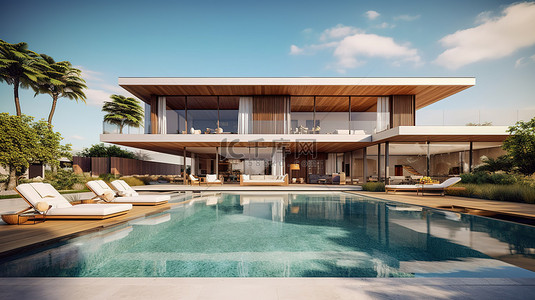 带游泳池和躺椅的现代豪华别墅外观的 3D 渲染